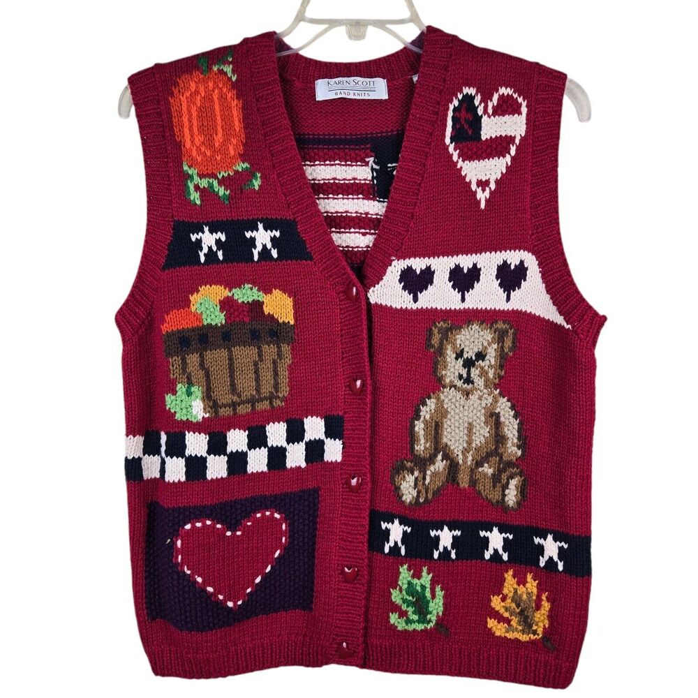 Karen Scott Hand Knits Sweater Vest Sz M Red Teddy Bear USA Flag Hearts Fall